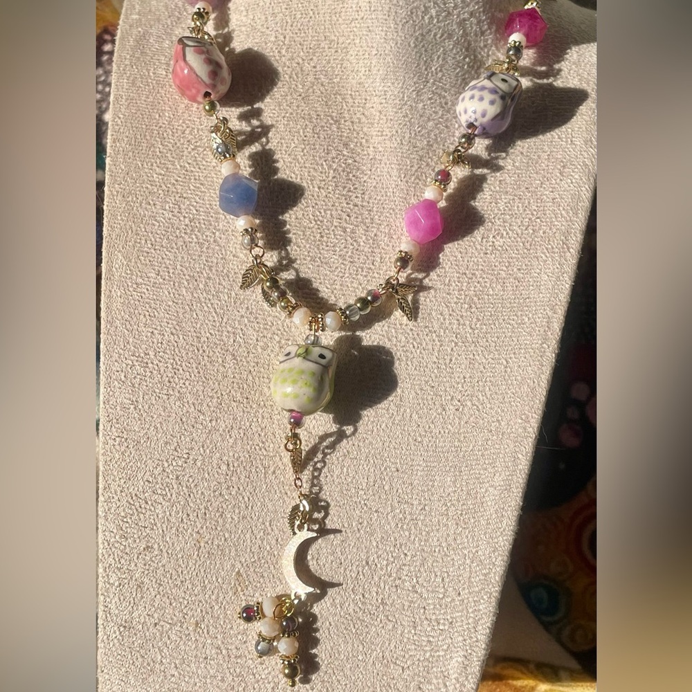 Colorful Owl Beaded Necklace Up-Cycled